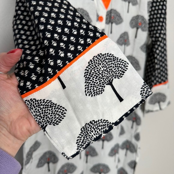 Brandless Women's Boho Tree Print Tunic Dress Orange Trim V Neck Button Front - Picture 2 of 6